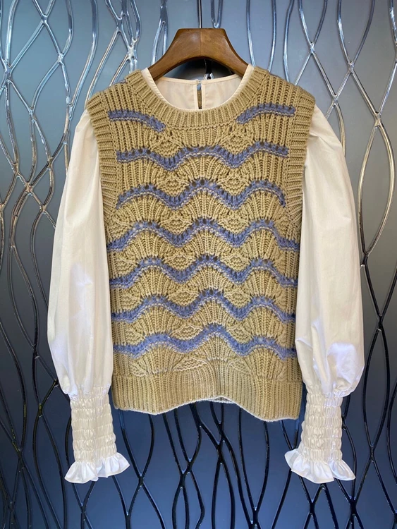 

2021 new women fashion round neck long sleeve top + round neck sleeveless sweater two-piece top 917