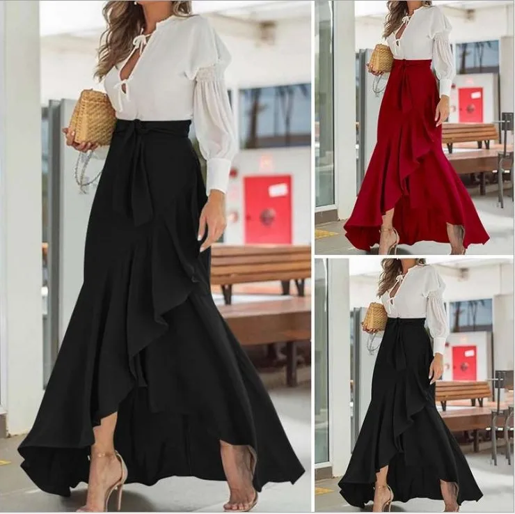 

Elegant OL Long Skirt Women Summer High Waist Belted Fishtail Skirts Ladies Casual Loose Ruffles Party Skirt