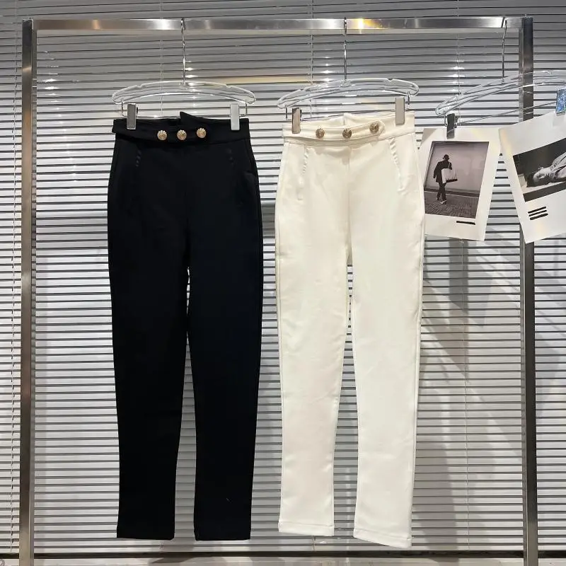 

HIGH STREET Newest 2022 Designer Fashion Metal Buckle High Waist Pencil Pants