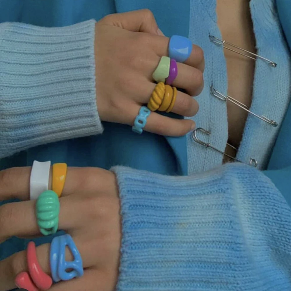 

2021 New Trendy Hand-painted Candy Color Dripping Oil Geometric Chain Rings for Women Multicolor Irregular Open Rings Jewelry