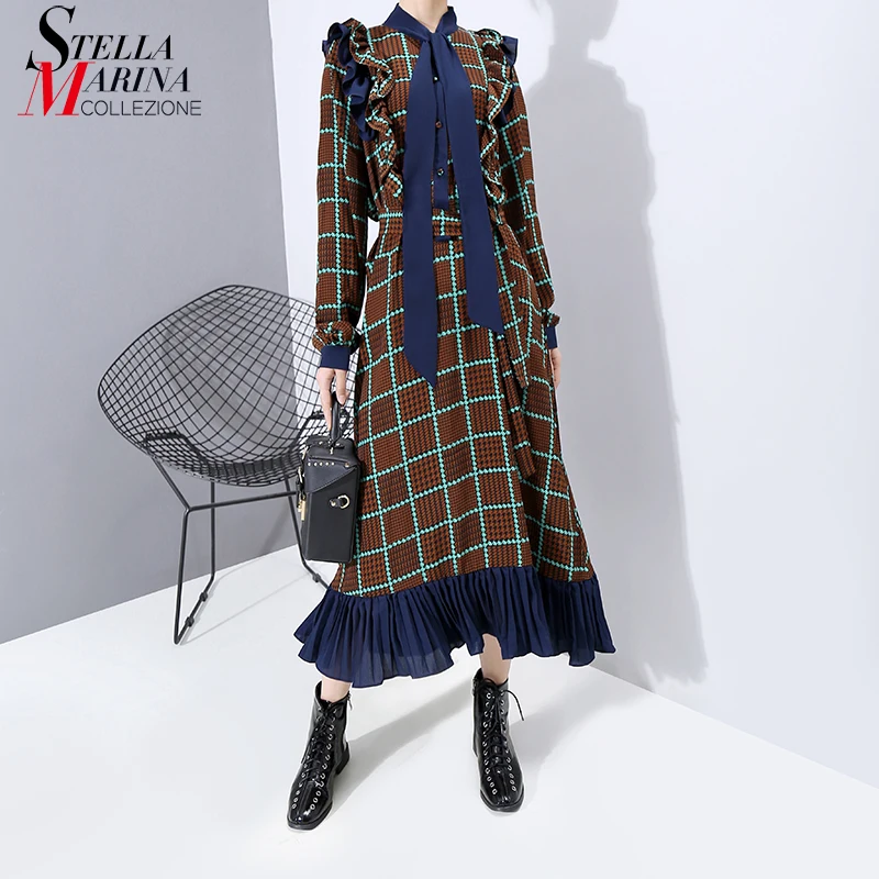 * Новинка 2019 корейский стиль женское коричневое клетчатое платье с длинным