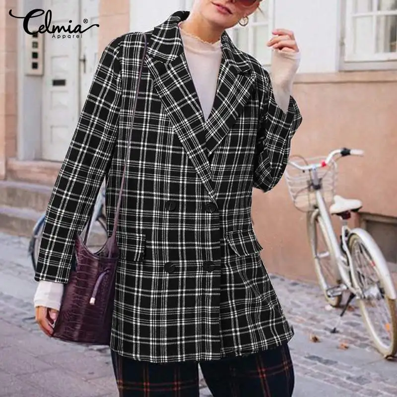 

Women Cotton Lightweight Blazer Celmia 2021 Autumn Long Sleeve Plaid Print Coats Vintage Suit Collar Streetwear Lining Suits