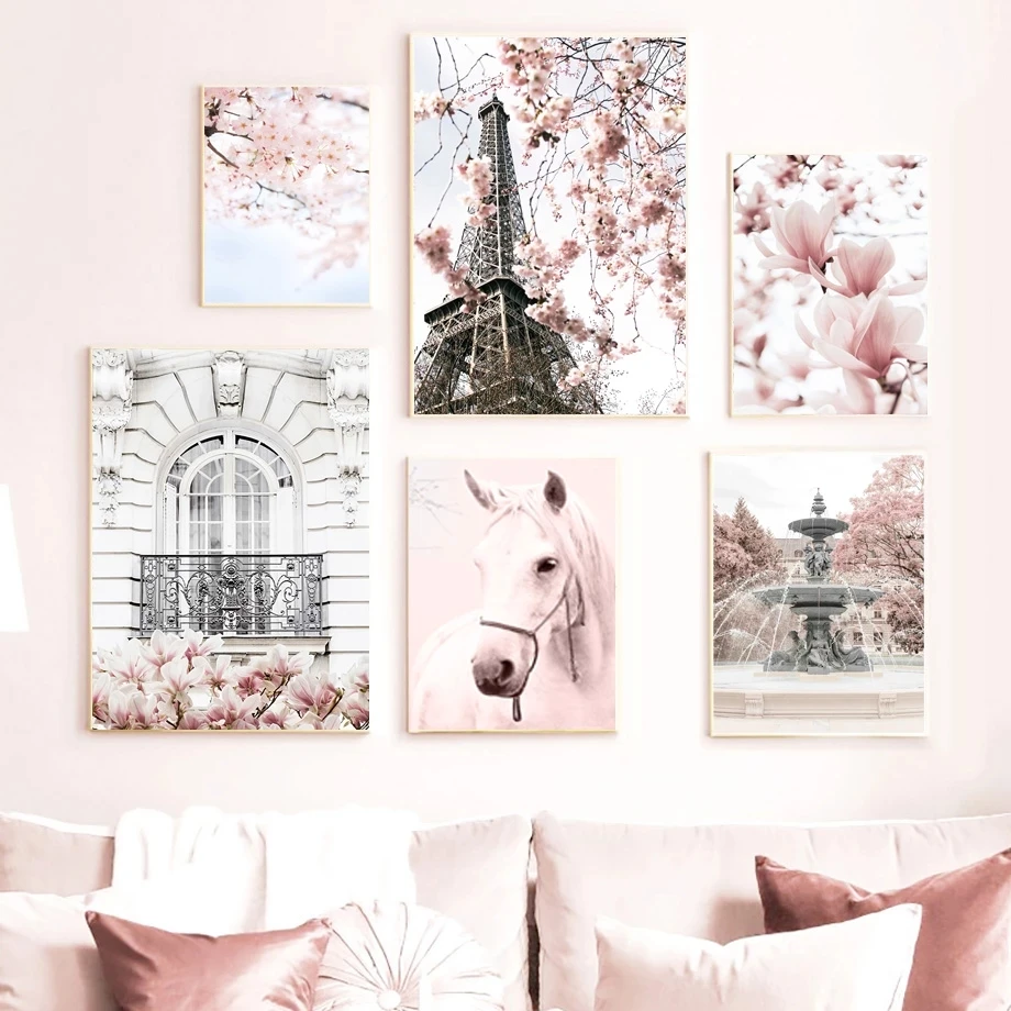 

Flower Paris Quote Line Pink Cherry Wall Art Canvas Painting Nordic Posters and Prints Wall Pictures for Living Room Vogue Decor