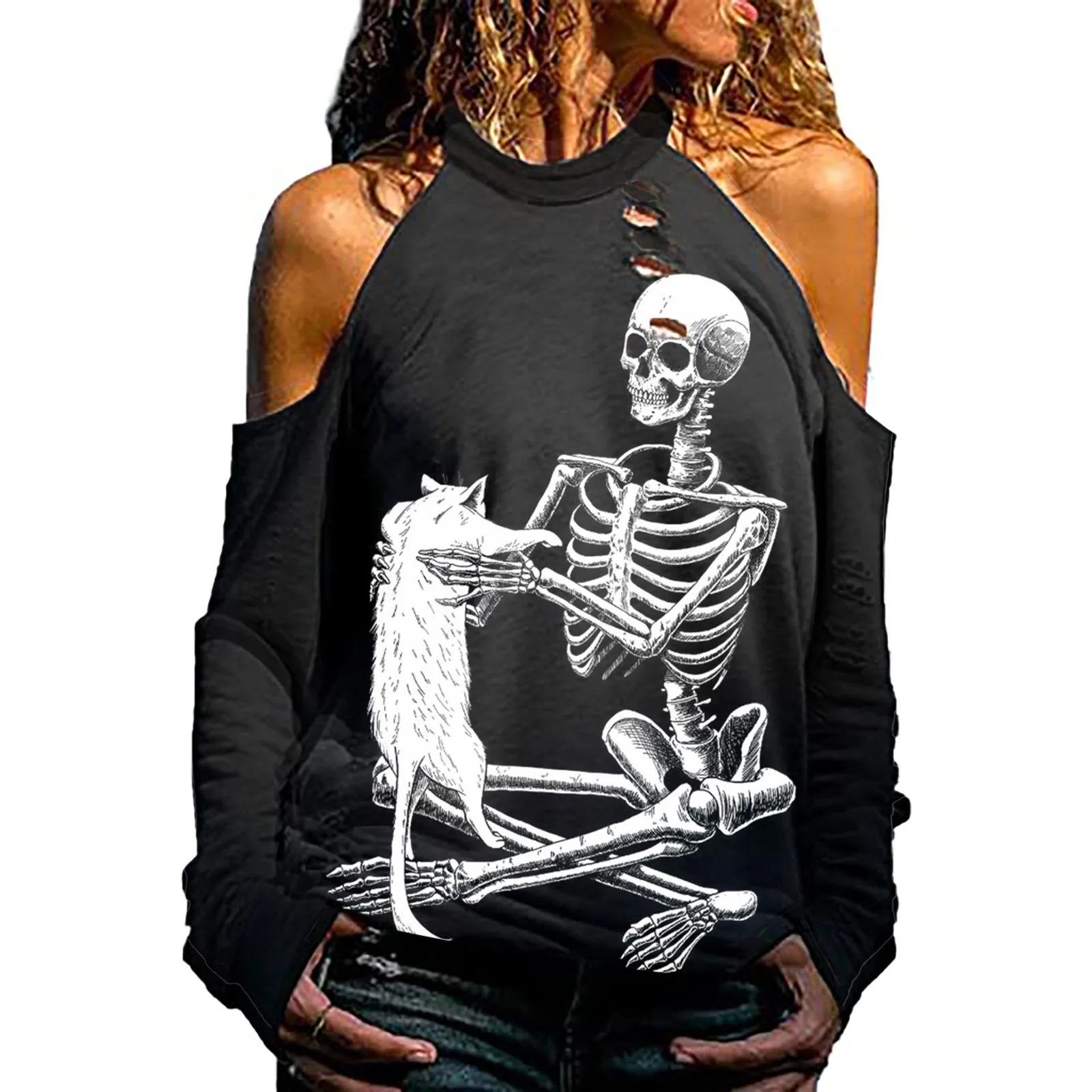 

Women's Long-Sleeved T-Shirt Fashion Strapless Hanging Neck 3D Printing Skull Casual Style Eye-Catching Spring Autumn 2021 New