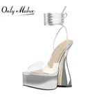 Сандалии Onlymaker на шнуровке, босоножки на платформе с открытым носком, высокий каблук-шпилька, лакированная кожа, ремешок на щиколотке, ПВХ, большие размеры, лето