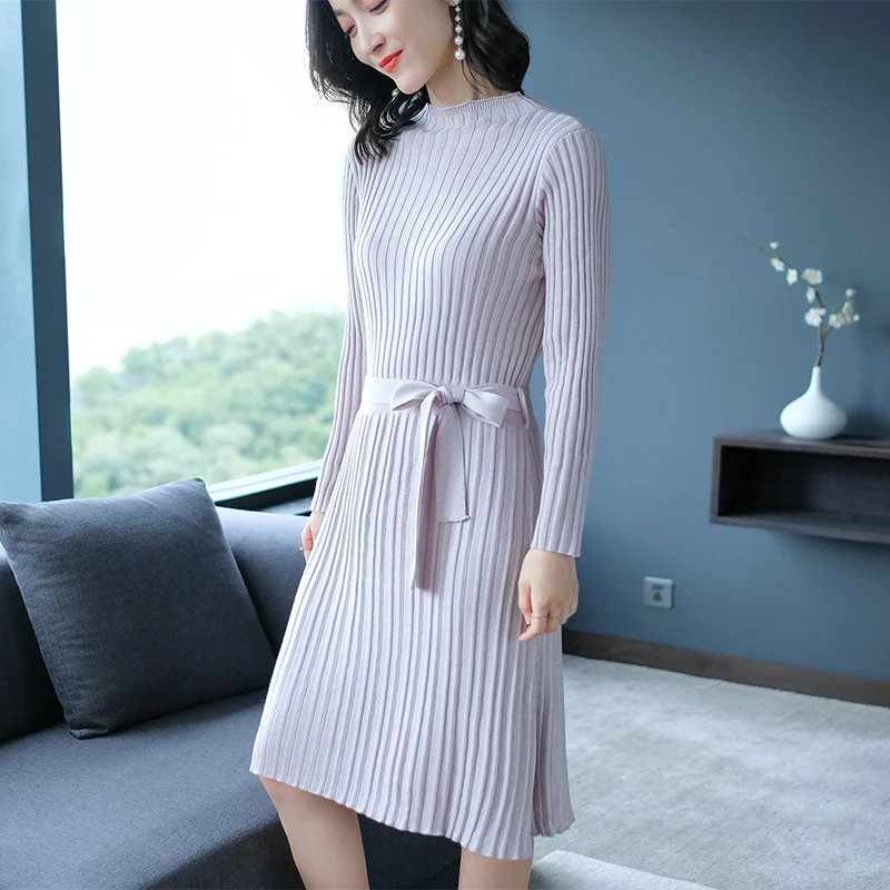 Трикотажное платье-свитер Женское шерстяное платье с воротником-хомутом и