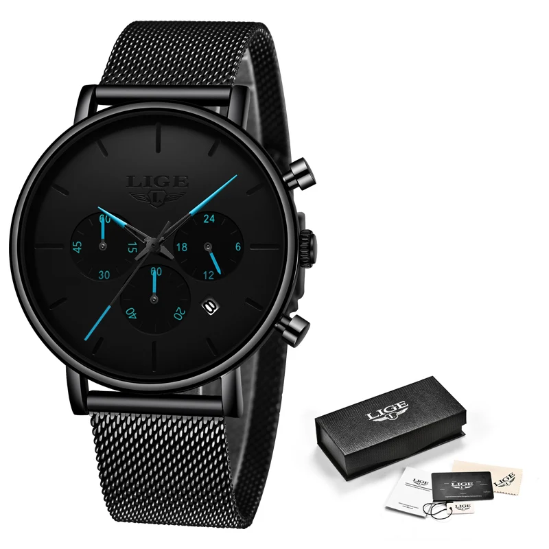 Black blue LIGE новые модные часы мужские водонепроницаемые тонкие сетчатые ремешок минималистичные наручные часы для мужчин кварцевые спортивные часы Relogio Masculino - Цвет: Black blue