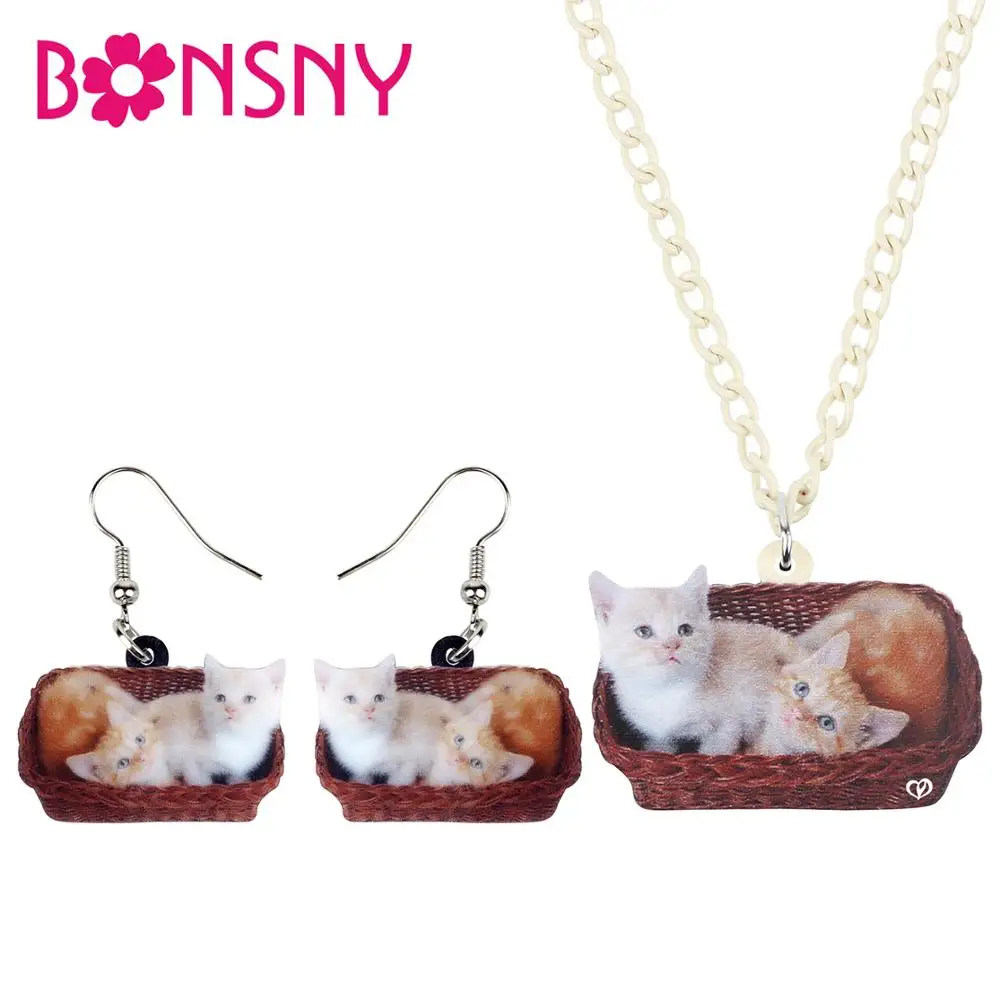 Бонсни Акриловая Милые Двойной Котенок Корзина Ожерелье Серьги Ювелирные Изделия Наборы Картинка Подвеска Для Девочки Модный Аниме Обаяние Подарок.