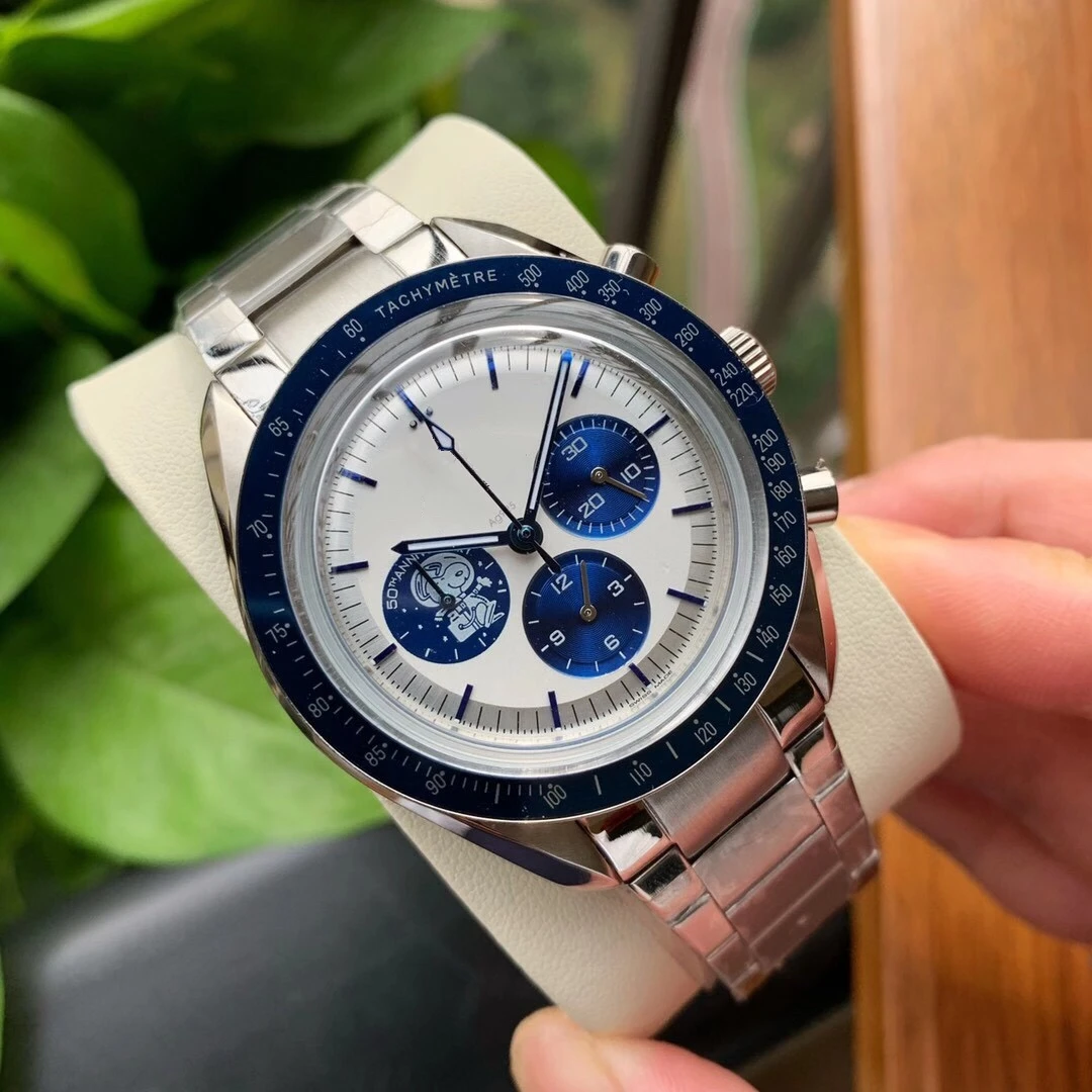 

2021 New Brand Mens Quartz Chronograph StopWatch Blue Ceramic Bezel Speed Stainless Steel Canvas Bracelet Sapphire Glass Watches