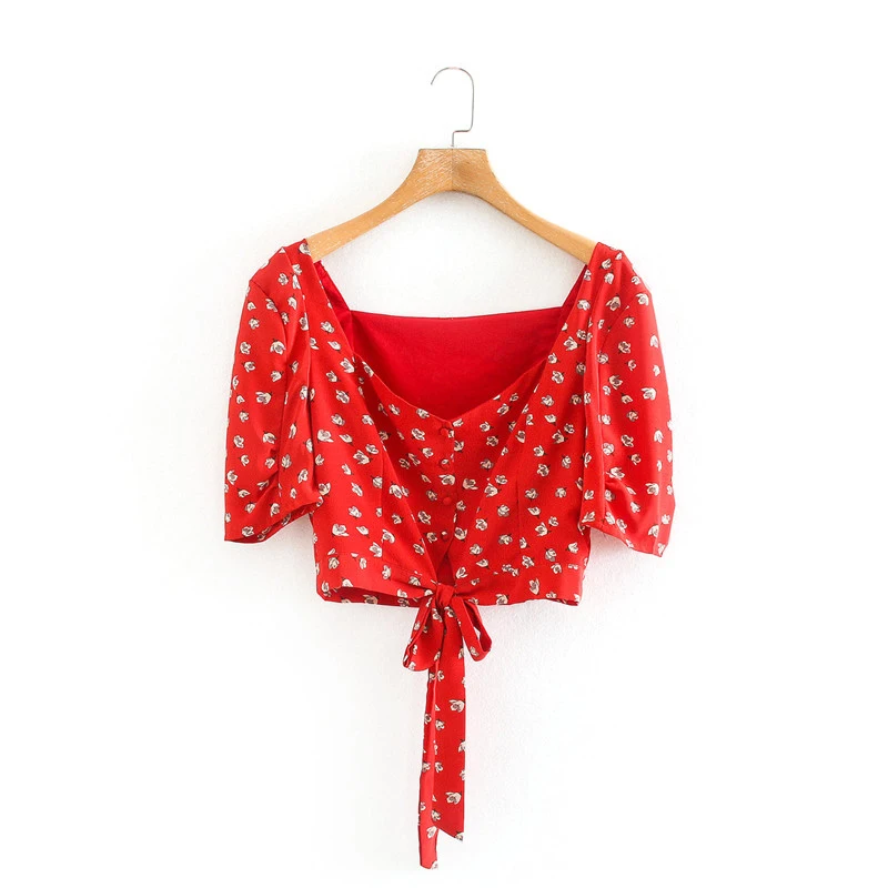 Женские летние модные красные короткие топы с цветочным принтом 2020 милые рубашки