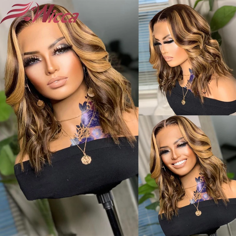 

#4/27 Highlight Blonde Human Hair Short Bob Wavy Wig Pre Plucked 180% Ombre Blonde 13x1 Lace Front Wig Brazilian Remy Lace Wigs