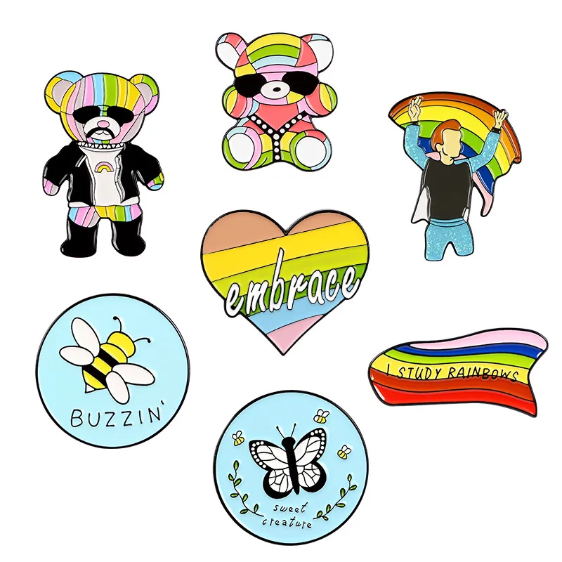 1 piece cartoon badge creative rainbow bear rainbow love bee butterfly animal series metal brooch clothing backpack decoration