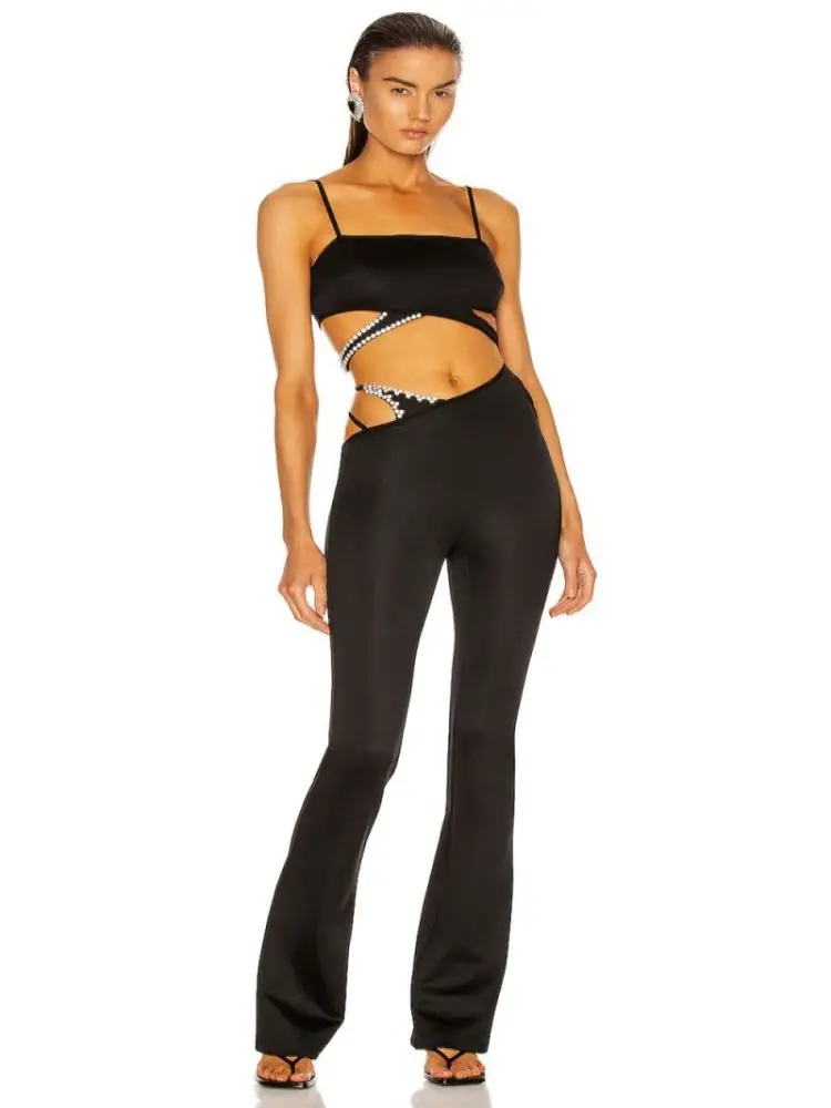 

KLEEZY Black Spaghetti Strap Jumpsuit Summer Women Hollow Out Lace Up Cross Backless Vestidos Sexy Bodycon Diamonds Streetwear