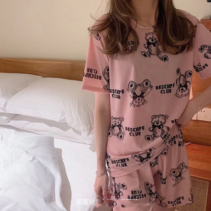 

New Ice Silk Live Ins Style Women Pajamas Set Simple Casual Sleepwear Cute&Cool Lounge Pyjamas T-Shirts+Shorts Soft Home Suit