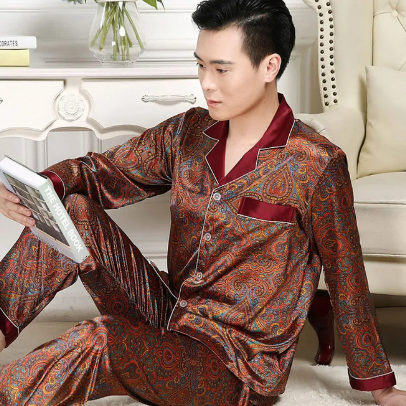 Summer Sleepwear Men's Pajama Man Set Lmitation Silk Pajamas For Men Cozy Soft Long Sleeve Nightgown Male Pyjamas Home Clothes
