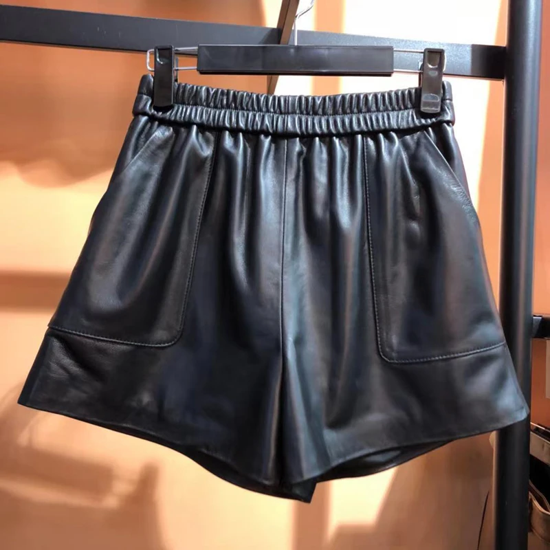 Genuine Leather  Women European High Elastic Waist Pockets Casual Shorts Feminino loose Black/Brown Booty Mini Calzones