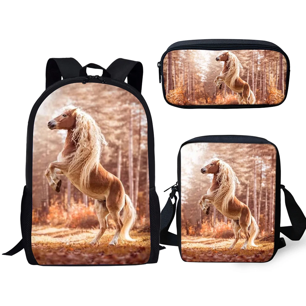 HaoYun Children's 3PCs Set Backpacks Cute White Horse Pattern Kids School Book Bags Students Backpack/Flaps Bag/Pen Bags