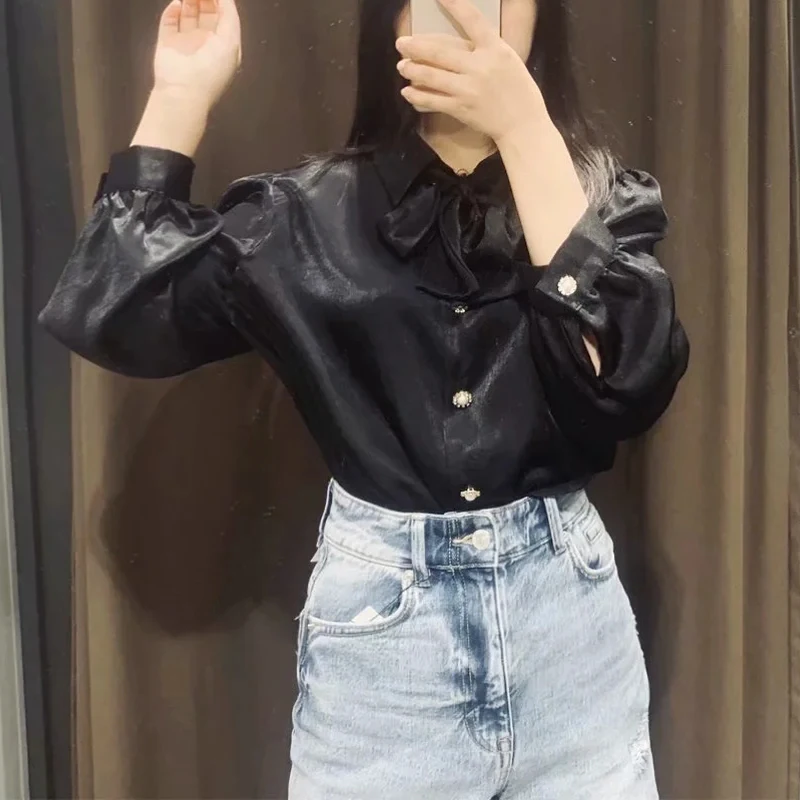 

New za Bow White Blouse Women 2021 Button Office Lady half Sleeve Blue satin Shirt Autumn Tops Woman Clothes Womens Shirts