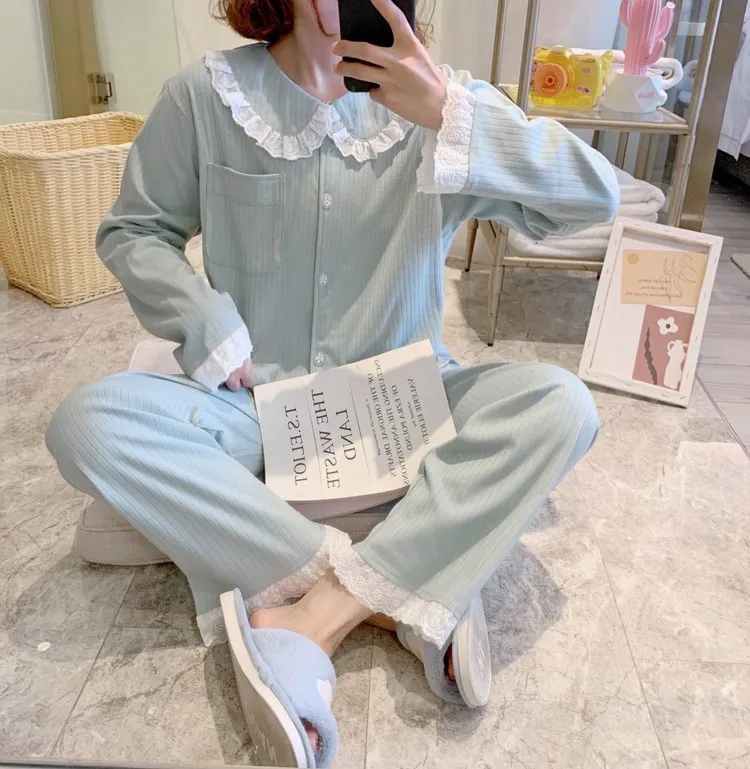 

Spring/autumn Long-sleeved Student Pajamas Cute Princess Style Two-piece Pure Color Pajamas Net Red Simple and Sweet Home Wear