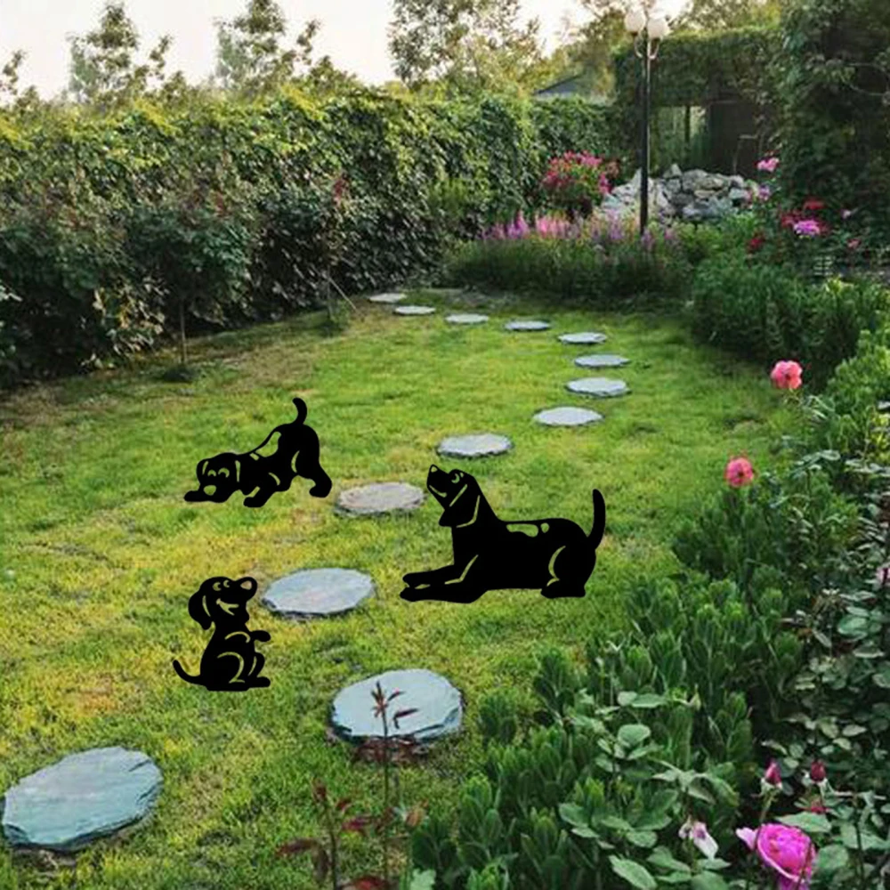 

Acrylic Animal Silhouette Decoration Dog Inserting Cards 3 In 1 Black Gardening Supplies Creative Metal Statue