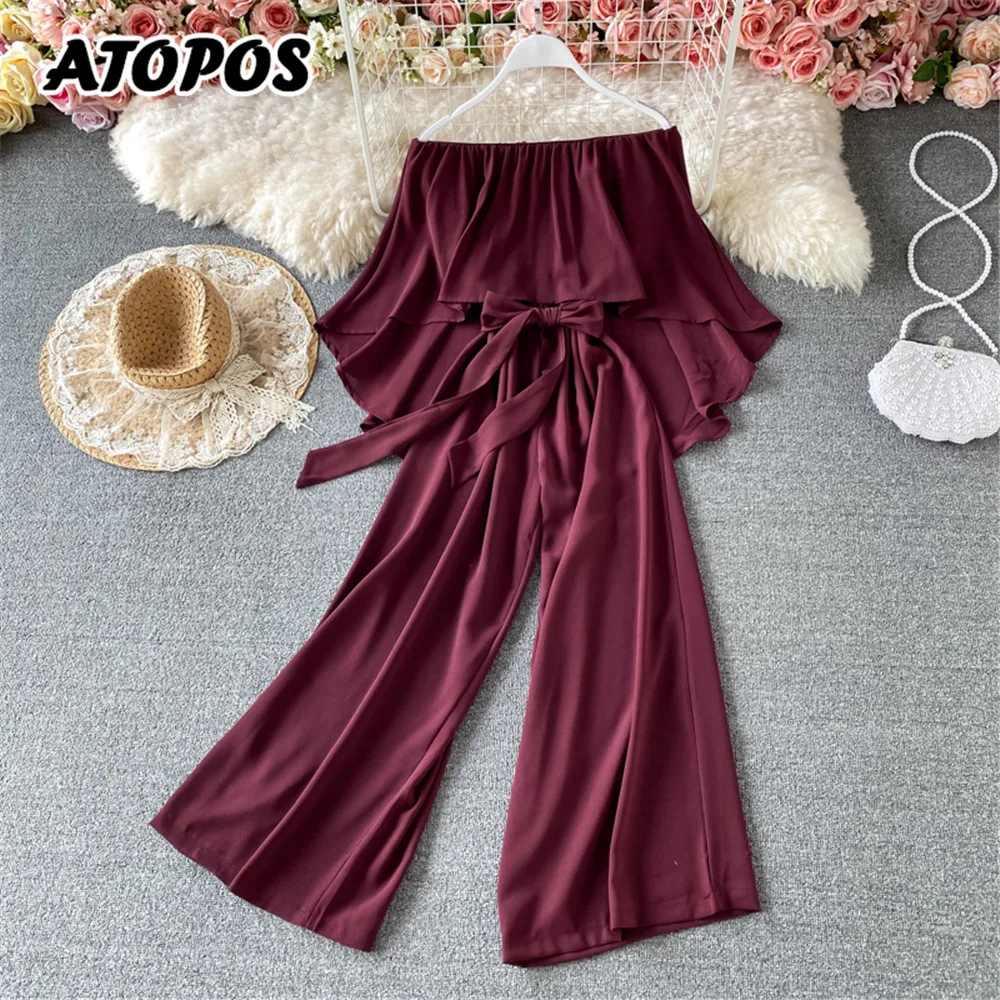 

Atopos Summer Women Jumpsuits Fashion Off Shoulder Ruffles Female Jumpsuit Loose Casual Rompers Bandage Long Bodysuits Playsuits