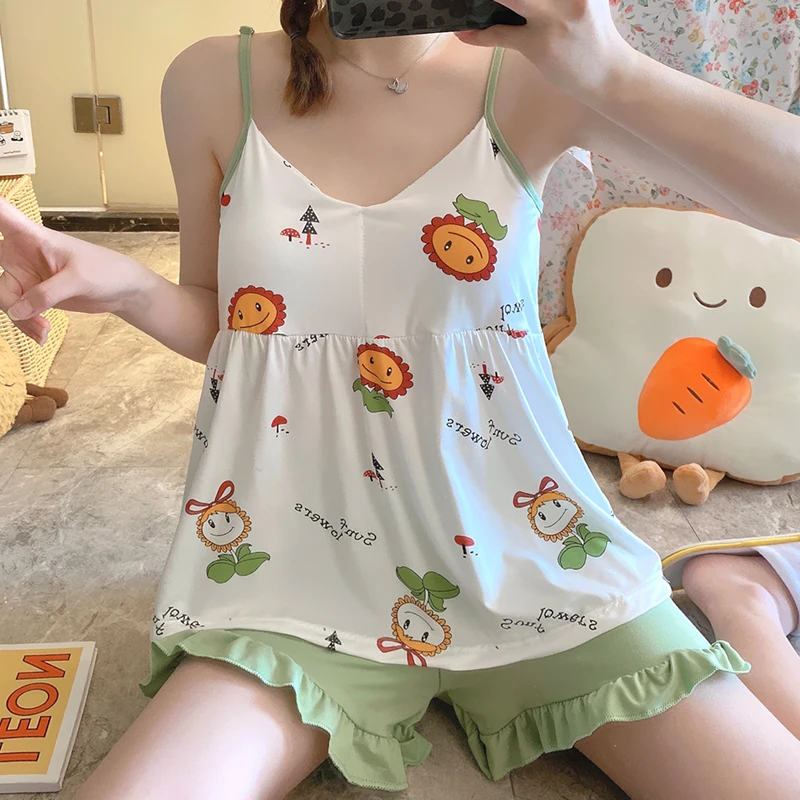 

WAVMIT Summer Sexy Women Pajamas Set Sling Korea Short Tracksuit Girls Fashion Pijama Mujer Students Sleepwear with Chest Pad