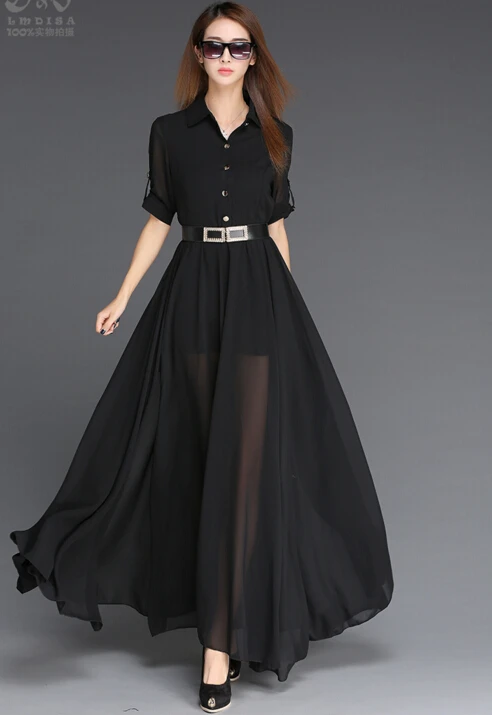 

Free Shipping Plus Size Elegant Turn-down Collar Short Sleeve Pure Color Chiffon Long Dress