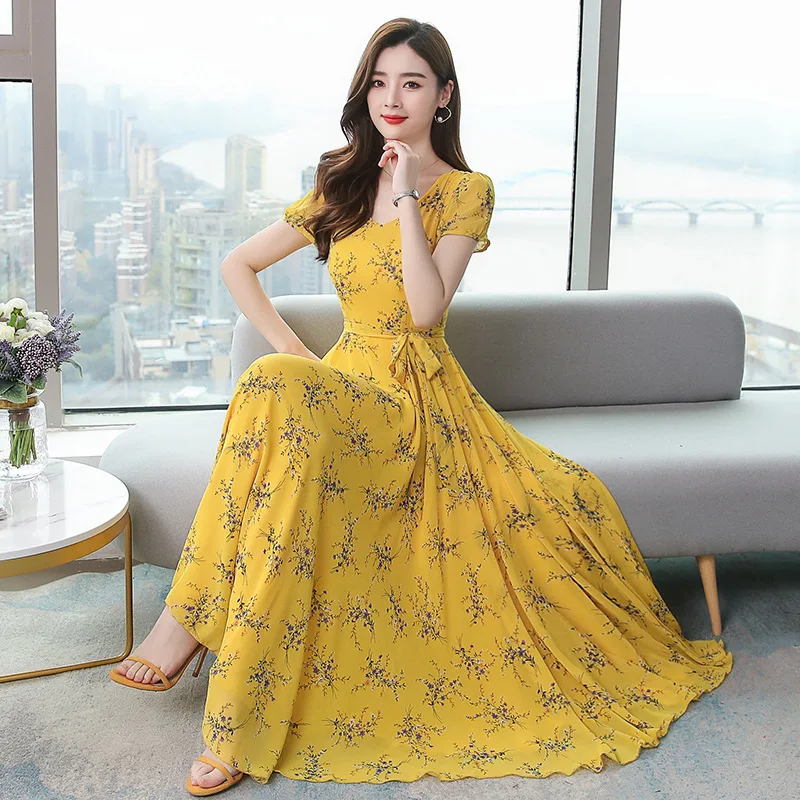 Летнее новое платье 2020 модное в Корейском стиле из шифона с принтом расширяемое