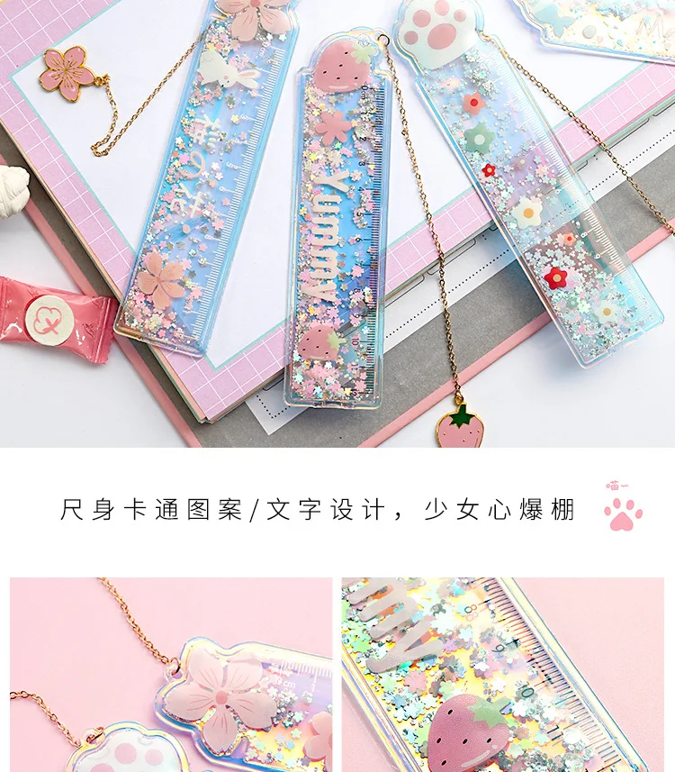 1Pcs Creative Bookmarks Cartoon Quicksand PVC Drawing Ruler Student Lovely Pendant Bookmark Stationery School Supply