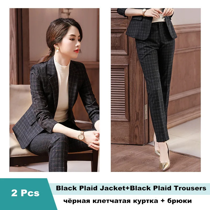 black pant suit Большой клетчатый брючный костюм женский модный профессиональный интервьюер комплект из 2 предметов куртка брюки офисный женский Рабочий костюм Femme 805 - Цвет: black pant suit
