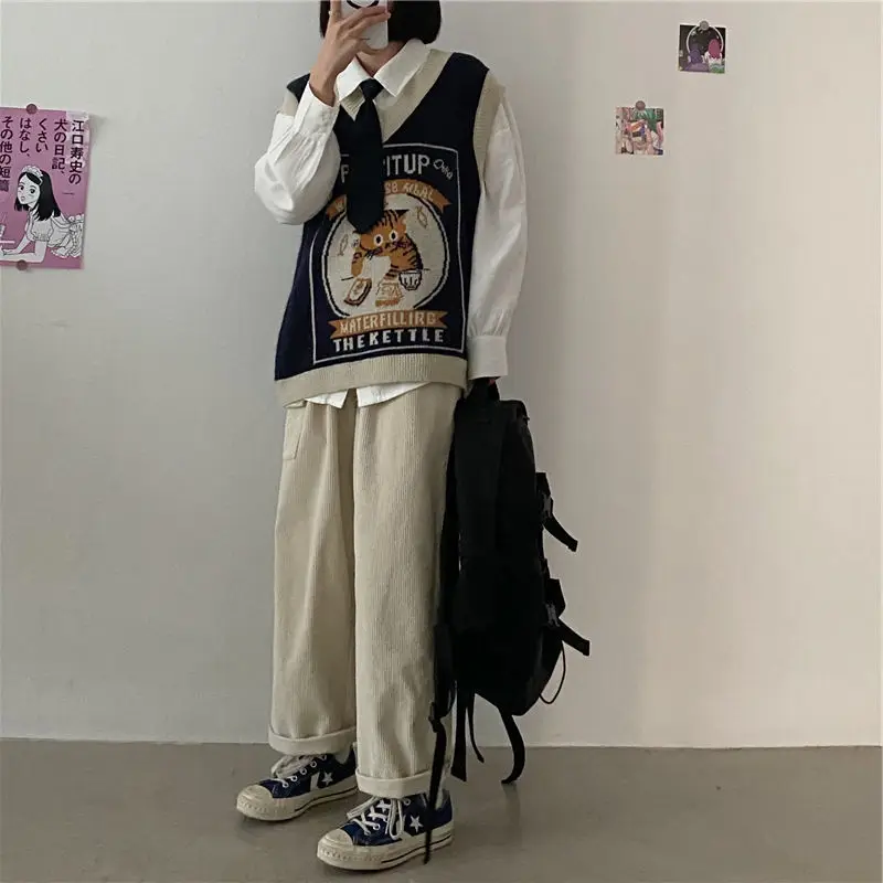 Женский винтажный свитер повседневный Свободный пуловер без рукавов в японском