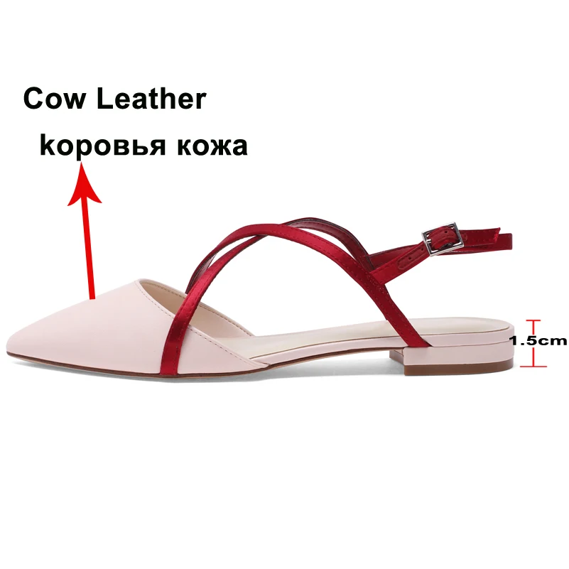 

FOREADA Women Slingbacks Flat Shoes Natural Genuine Leather Shoes Cow Leather Buckle Cross-tied Pointed Toe Shoes Lady Pink 40
