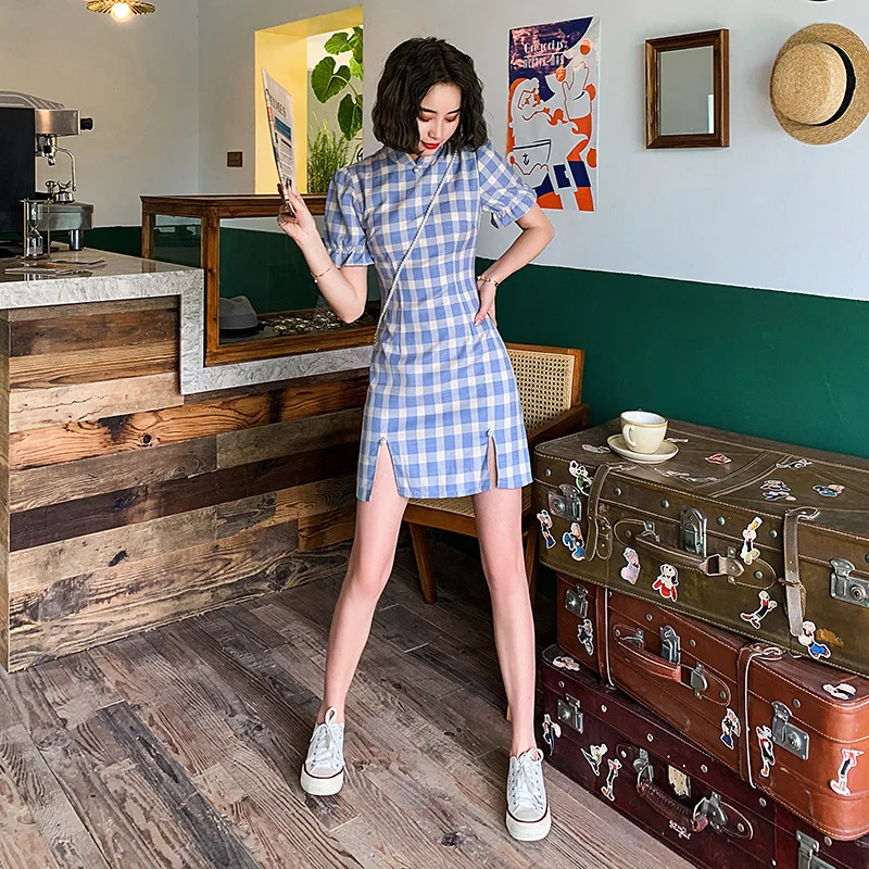 

Cotton Linen 2021 grid Cheongsam qipao girl party dress