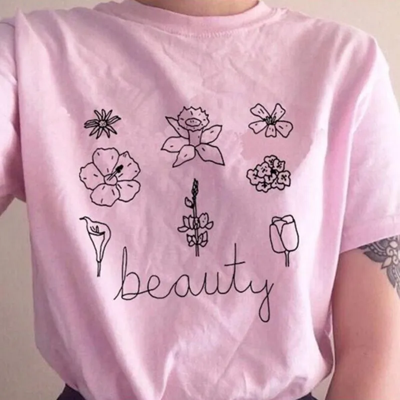 

Women Flower Plant Floral Printed Soft Graphics Ladies Floral Short Sleeve Summer Cotton Tee Hipster Top Pink T-Shirt