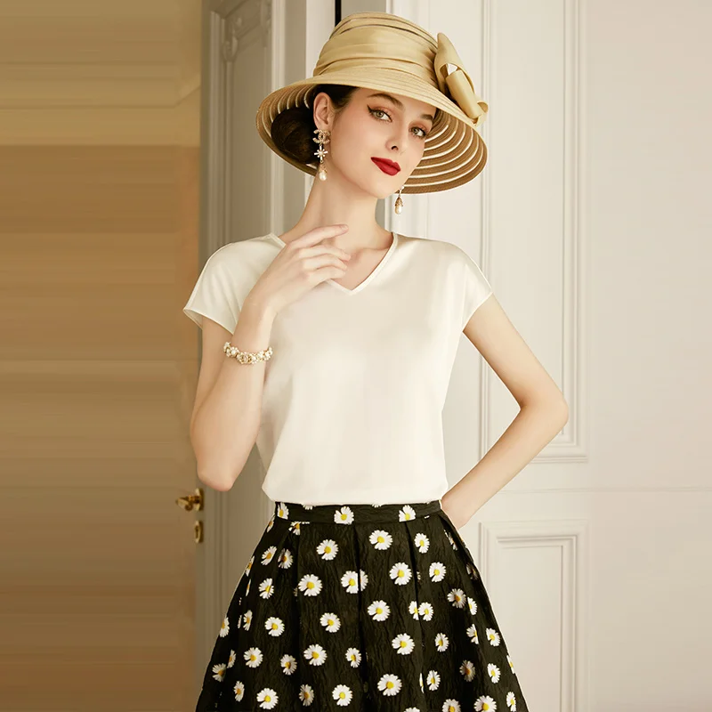 

Женская шелковая рубашка SHZQ, новинка 2021, топ с V-образным вырезом и коротким рукавом, белая Модная рубашка из шелка тутового шелкопряда, женс...