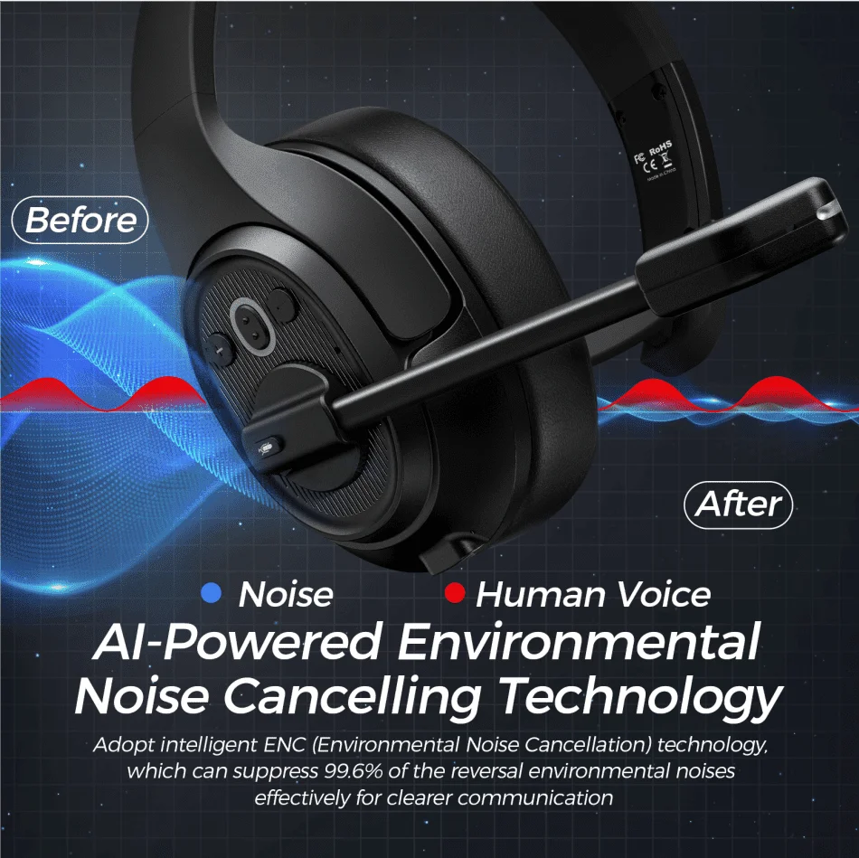 EKSA H1 Wireless Headphones with Mic Environmental Noise Cancelling Headphone Trucker Bluetooth Headset for Call Center Headset enlarge