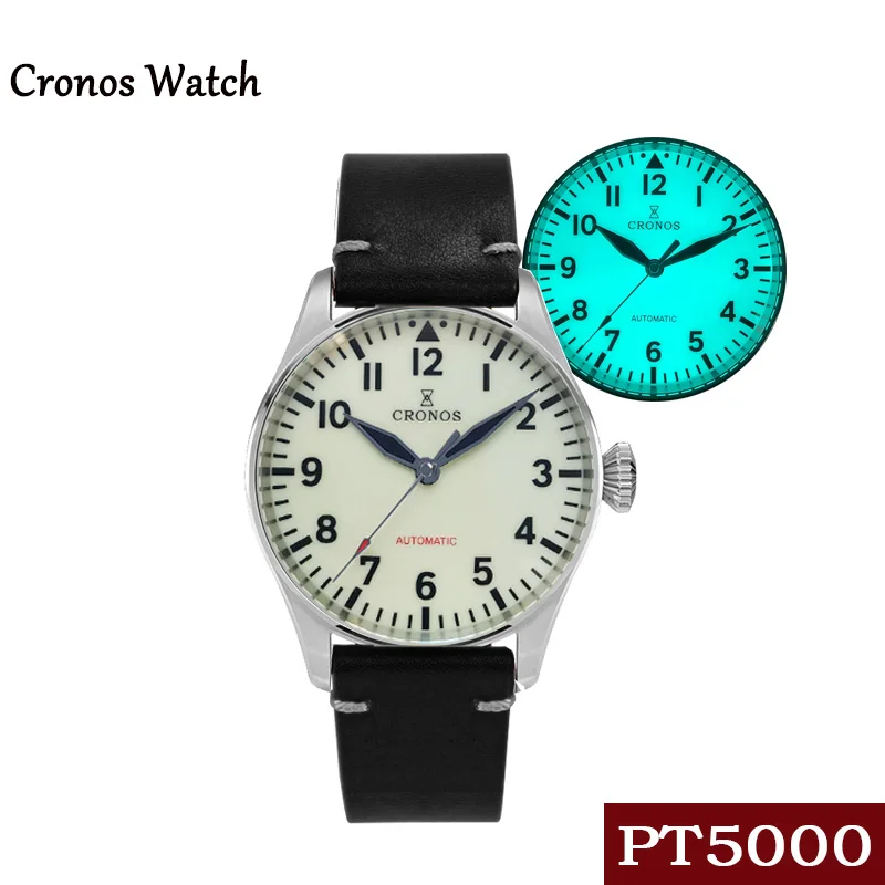 

Cronos Flieger Pilot Men's Mechanical Watch 100M Luminous Sapphire Crystal Diver Watch Hollow Back Leather Strap Automatic Watch