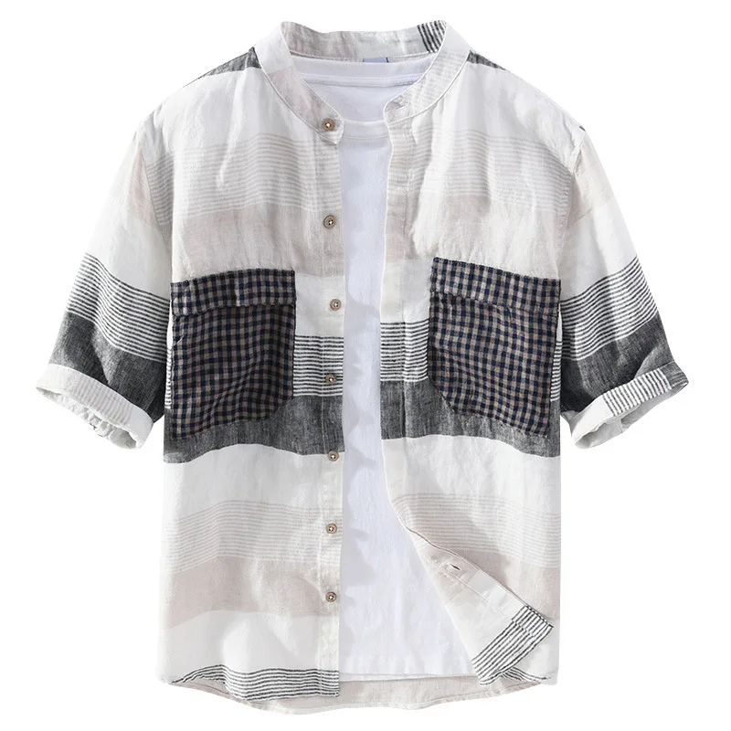 

Summer new quarter sleeve Linen Shirt Men's Plaid stripe casual Chinese stand collar linen medium sleeve shirt 9052