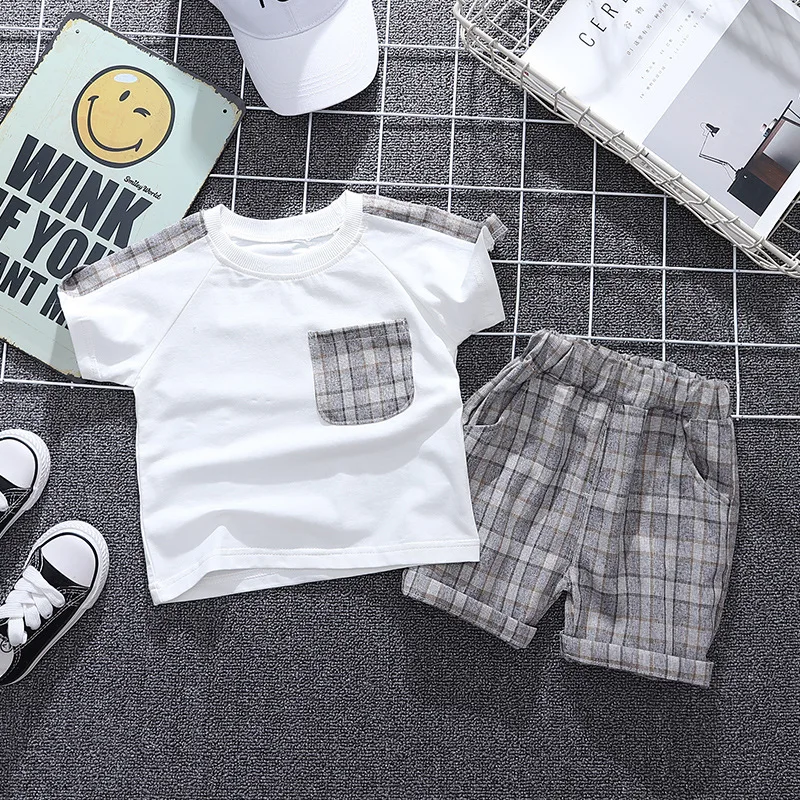 Summer Baby Girls Fashion Clothes Children Boys Cotton T Shirt Shorts 2Pcs/sets Kids Infant Lattice Clothing Toddler Sportswear