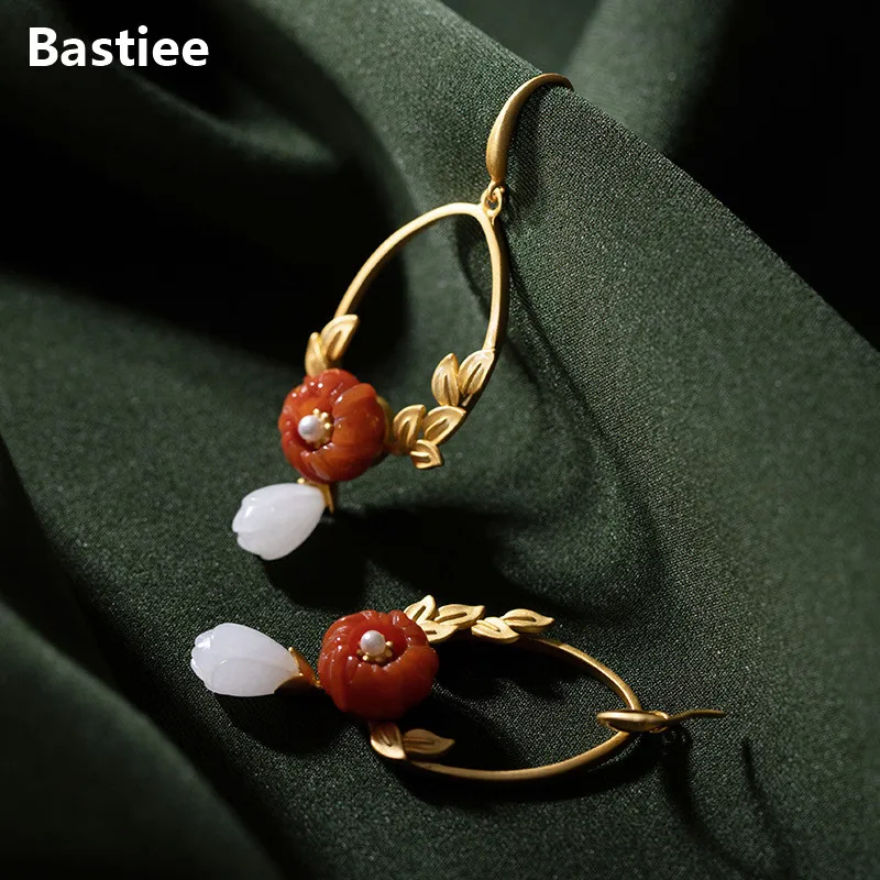 

Bastiee Jade 925 Sterling Silver Earrings Banquet Luxury Jewelry For Women Drop Dangle Earing Gold Plated Red Agate Pearl