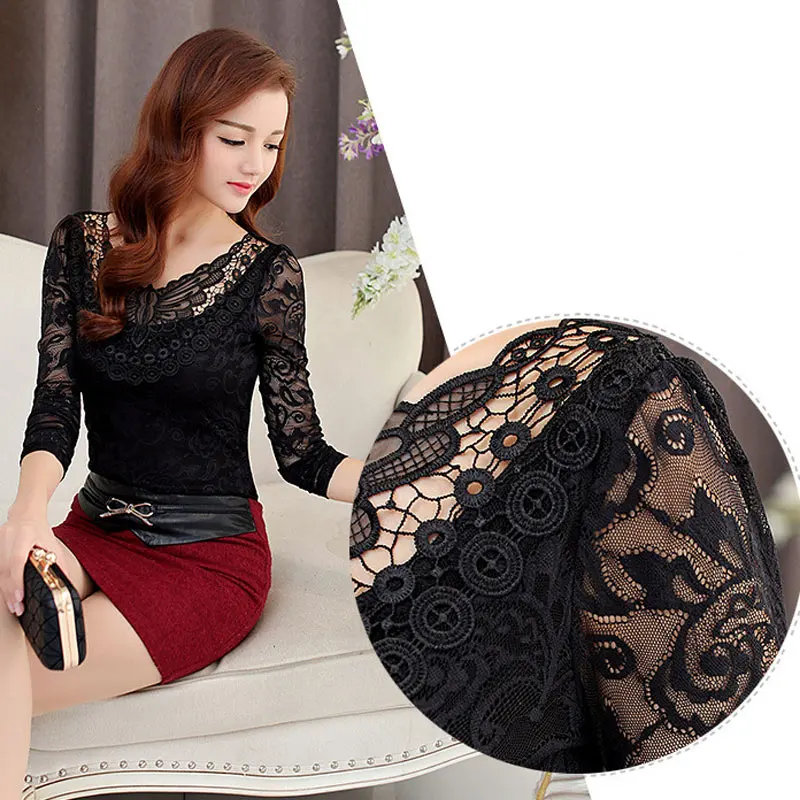 

Newly Women Autumn Bottom Shirt Long Sleeves Lace Mesh V Neck Pullover Female Tops DO99