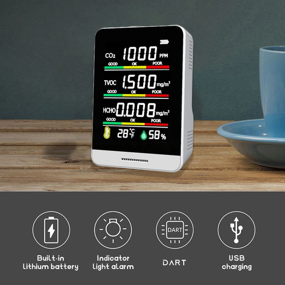 

Детектор CO2 TVOC HCHO, инструмент для определения температуры и влажности, Интеллектуальный быстродействующий детектор для дома и улицы с высок...