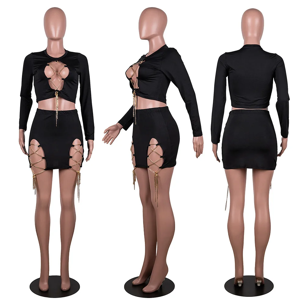 

Summer Spring Women Bandage Chain Sets O-Neck Bust Hollow Out Tops Side Split Slimming Bodycon Mini Skirts Outfits Night Club