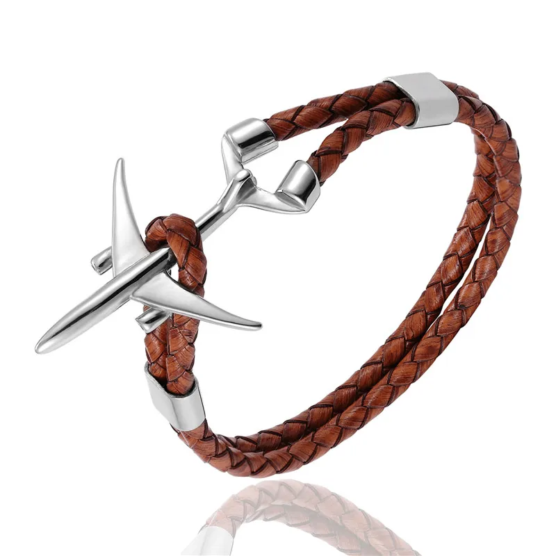 MKENDN Hot Sale Stainless Steel Airplane Anchor Bracelets Men Women Genuine Multilayer Leather Bracelet Freestyle Homme Jewelry