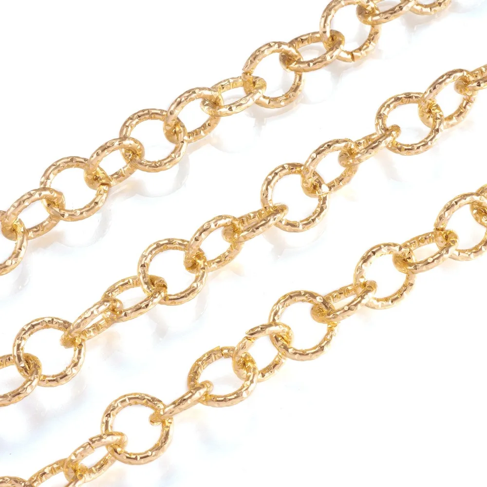 

1 Roll Aluminium Rolo Chains Belcher Chain Textured with Spool Unwelded Light Gold 11.5x2mm about 32.8 Feet(10m)/roll