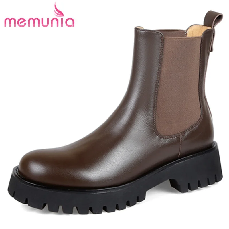 

Ботильоны MEMUNIA женские из натуральной кожи, простые зимние ботинки на платформе, на толстом каблуке, на резинке, Ретро стиль, ручная работа