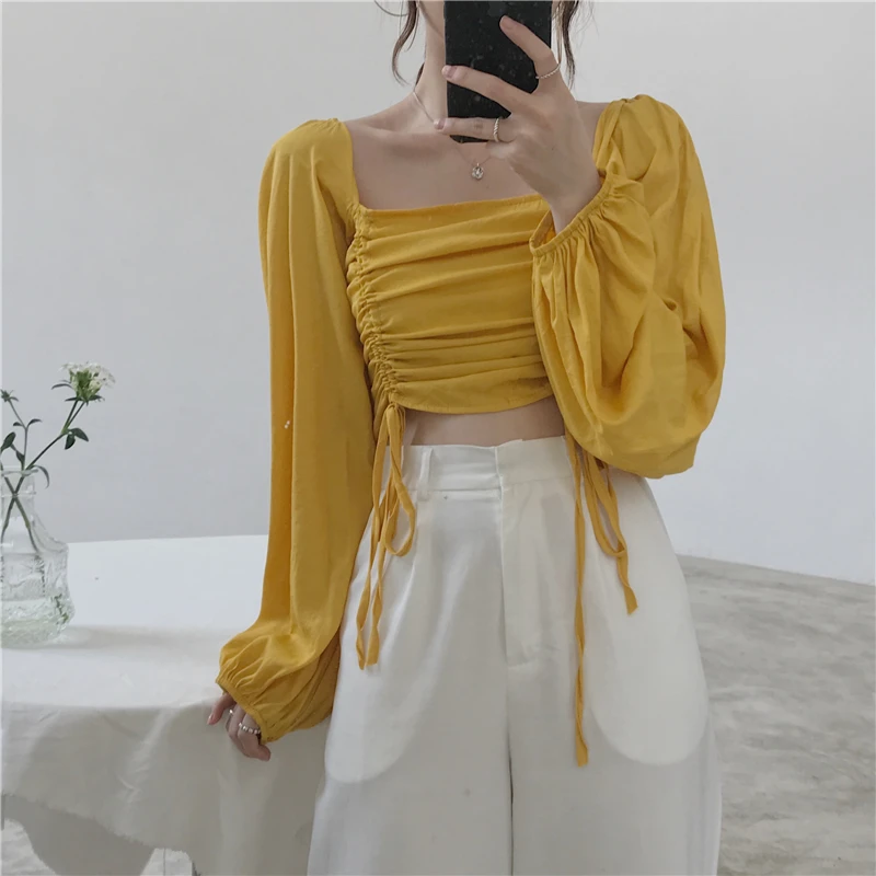 square collar long sleeve crop tops Drawstring fashion brand sweet Blouses Shirts Women's Clothing spring fall new high quality | Женская