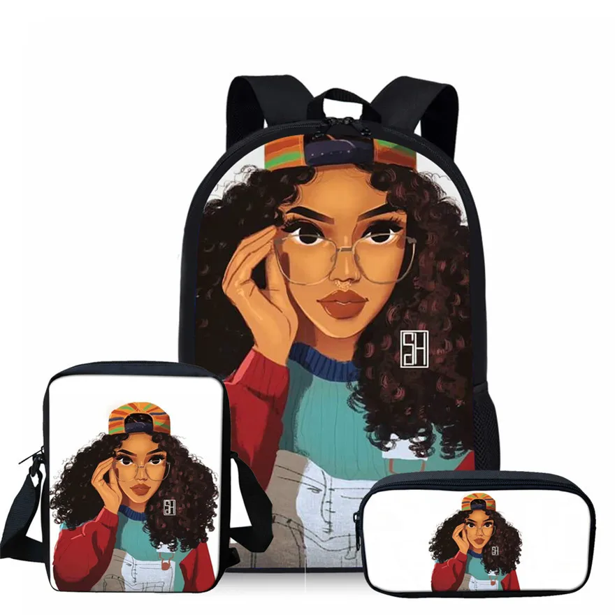 Детские школьные ранцы с черным рисунком Африканской девочки, 3 шт./компл., школьная сумка для детей, школьный рюкзак, сумки для книг для подр...