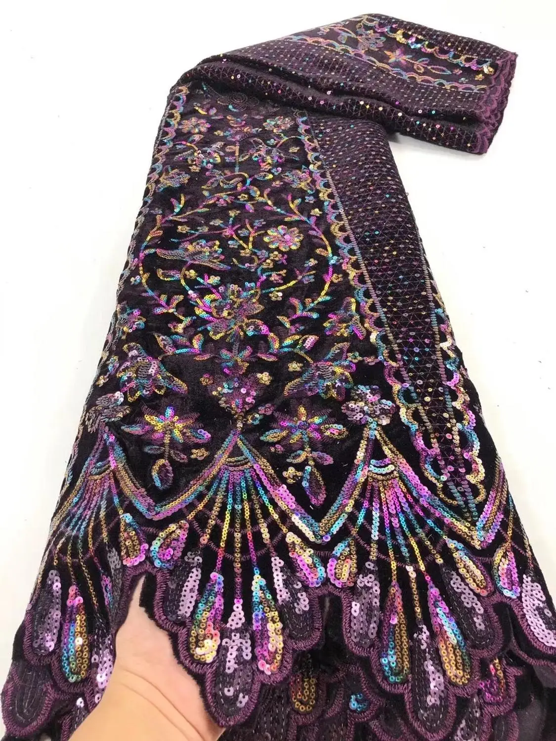 

(5yards/pc) high quality orange color African velvet lace fabric with multicolored sequins embroidery for party dress FCC147