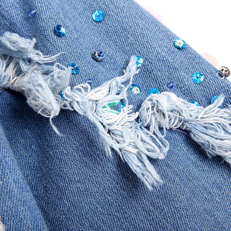 Женская джинсовая куртка-бомбер с длинным рукавом дырками | одежда